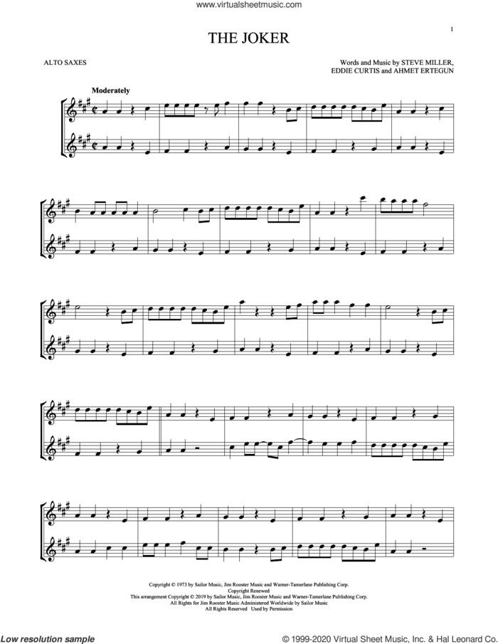 The Joker sheet music for two alto saxophones (duets) by Steve Miller Band, Ahmet Ertegun, Eddie Curtis and Steve Miller, intermediate skill level