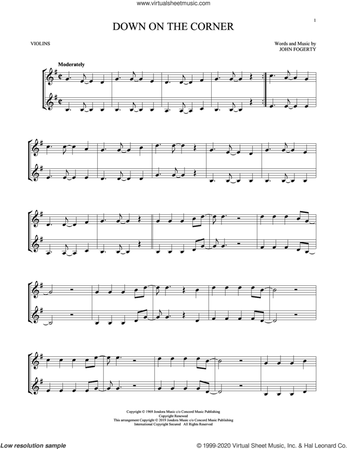 Down On The Corner sheet music for two violins (duets, violin duets) by Creedence Clearwater Revival and John Fogerty, intermediate skill level
