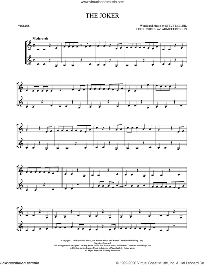 The Joker sheet music for two violins (duets, violin duets) by Steve Miller Band, Ahmet Ertegun, Eddie Curtis and Steve Miller, intermediate skill level