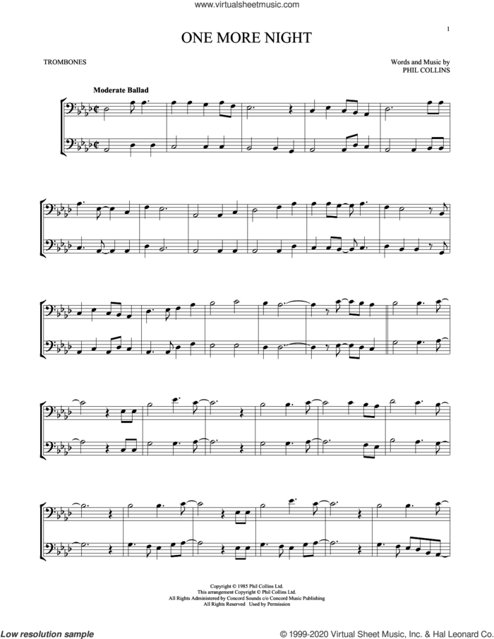 One More Night sheet music for two trombones (duet, duets) by Phil Collins, intermediate skill level