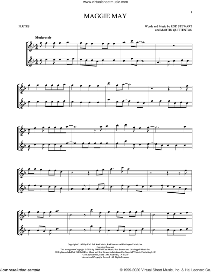 Maggie May sheet music for two flutes (duets) by Rod Stewart and Martin Quittenton, intermediate skill level