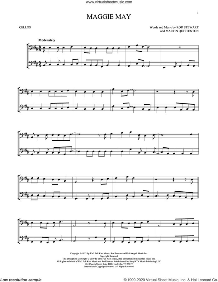 Maggie May sheet music for two cellos (duet, duets) by Rod Stewart and Martin Quittenton, intermediate skill level