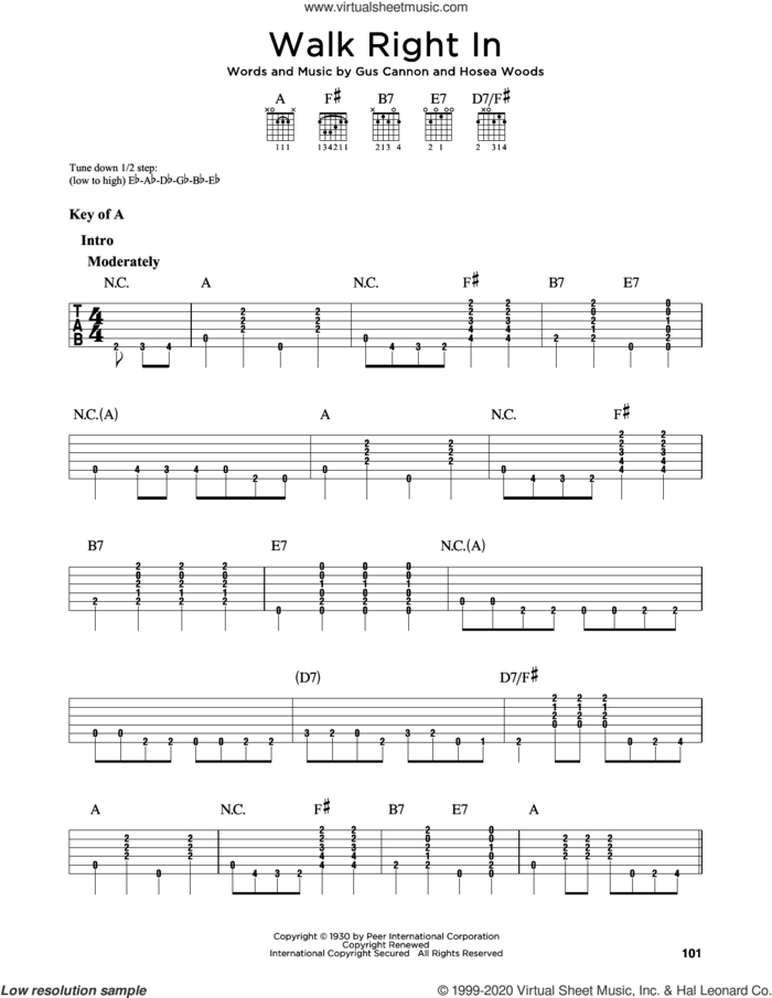 Walk Right In sheet music for guitar solo (lead sheet) by The Rooftop Singers, Gus Cannon and Hosea Woods, intermediate guitar (lead sheet)