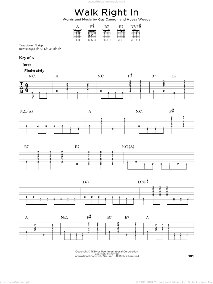 Walk Right In sheet music for guitar solo (lead sheet) by The Rooftop Singers, Gus Cannon and Hosea Woods, intermediate guitar (lead sheet)