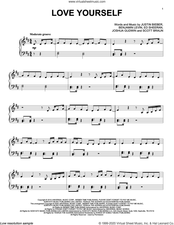 Love Yourself, (intermediate) sheet music for piano solo by Justin Bieber, Benjamin Levin, Ed Sheeran, Joshua Gudwin and Scott Braun, intermediate skill level