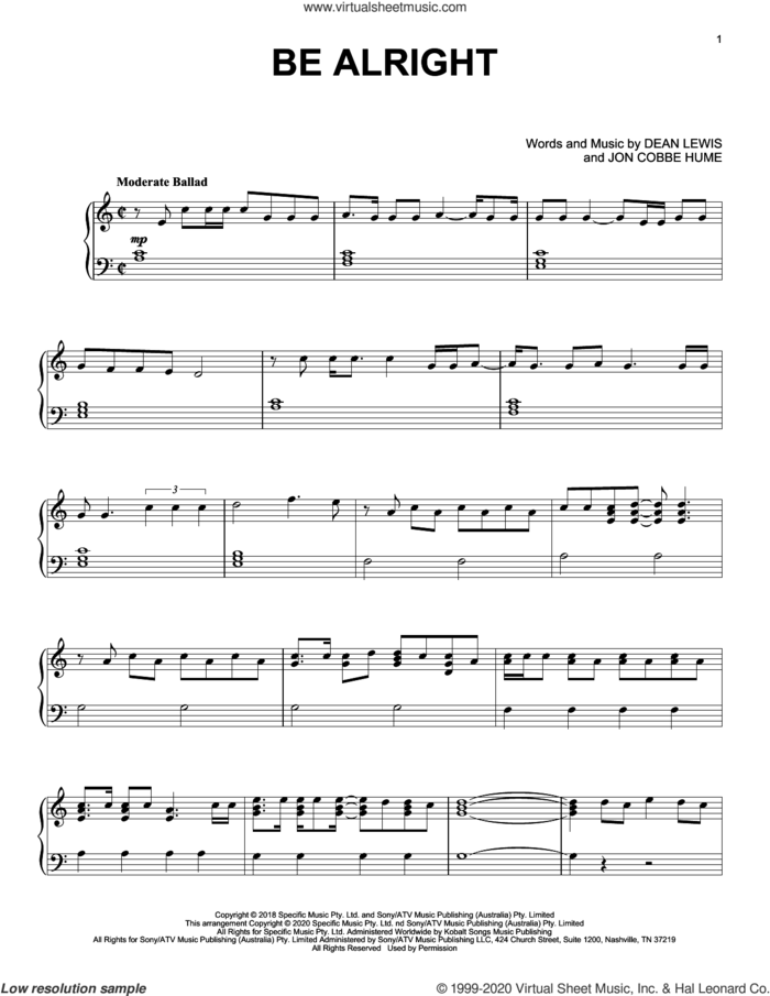 Be Alright sheet music for piano solo by Dean Lewis and Jon Cobbe Hume, intermediate skill level