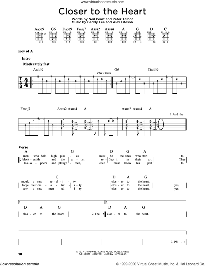 Closer To The Heart sheet music for guitar solo (lead sheet) by Rush, Alex Lifeson, Geddy Lee, Neil Peart and Peter Talbot, intermediate guitar (lead sheet)