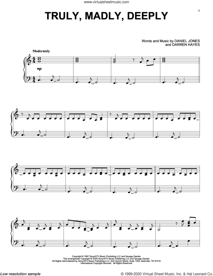 Truly, Madly, Deeply, (intermediate) sheet music for piano solo by Savage Garden, Danny Jones and Darren Hayes, intermediate skill level