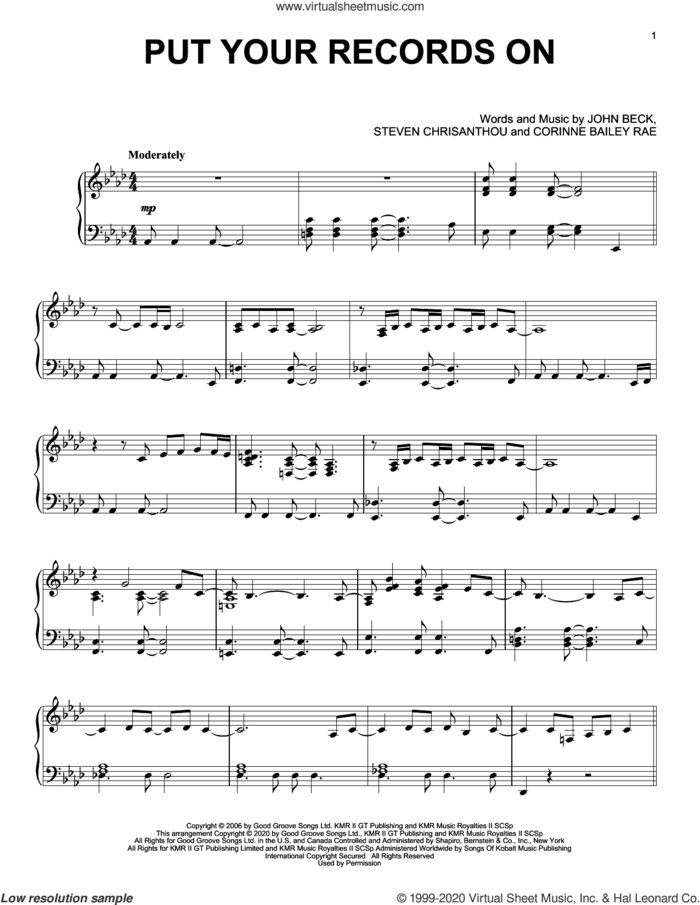 Put Your Records On, (intermediate) sheet music for piano solo by Corinne Bailey Rae, John Beck and Steven Crisanthou, intermediate skill level