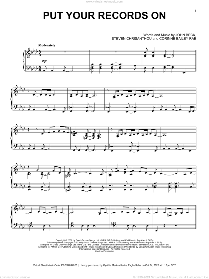 Put Your Records On, (intermediate) sheet music for piano solo by Corinne Bailey Rae, John Beck and Steven Crisanthou, intermediate skill level