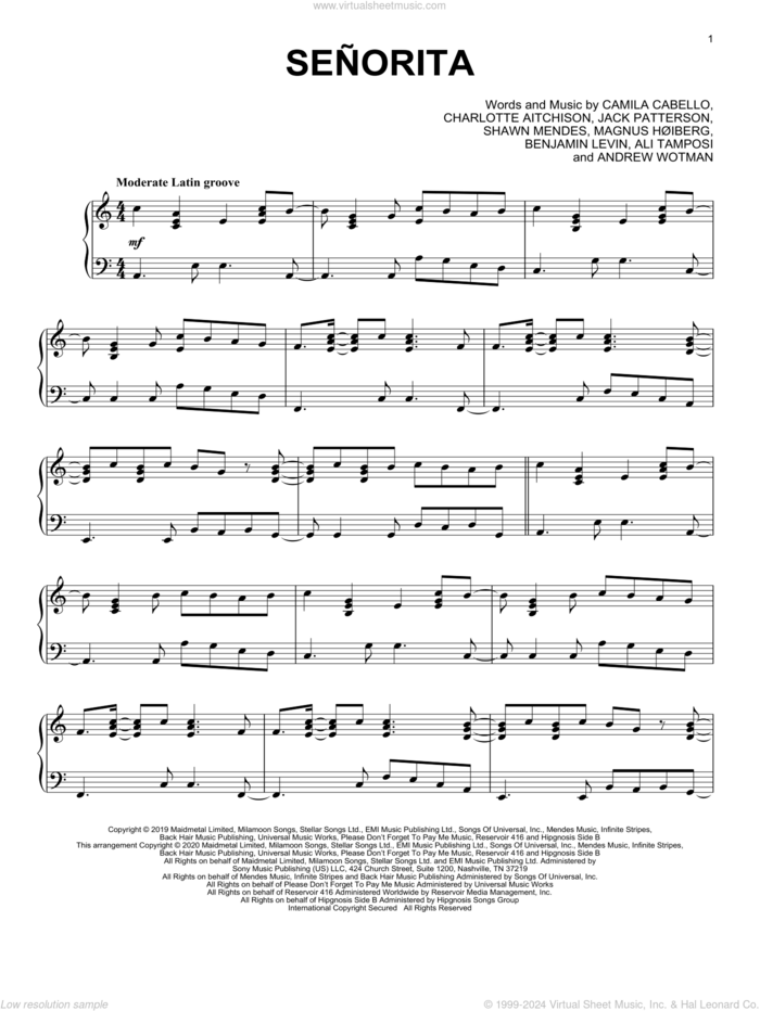 Senorita sheet music for piano solo by Shawn Mendes and Camila Cabello, Ali Tamposi, Andrew Wotman, Benjamin Levin, Camila Cabello, Charlotte Aitchison, Jack Patterson, Magnus Hoiberg and Shawn Mendes, intermediate skill level