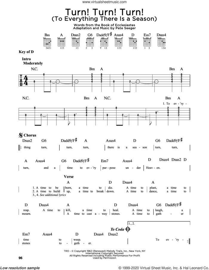 Turn! Turn! Turn! (To Everything There Is A Season) sheet music for guitar solo (lead sheet) by The Byrds, Book of Ecclesiastes and Pete Seeger, intermediate guitar (lead sheet)