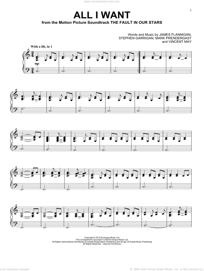 All I Want sheet music for piano solo by Kodaline, James Flannigan, Mark Prendergast, Stephen Garrigan and Vincent May, intermediate skill level