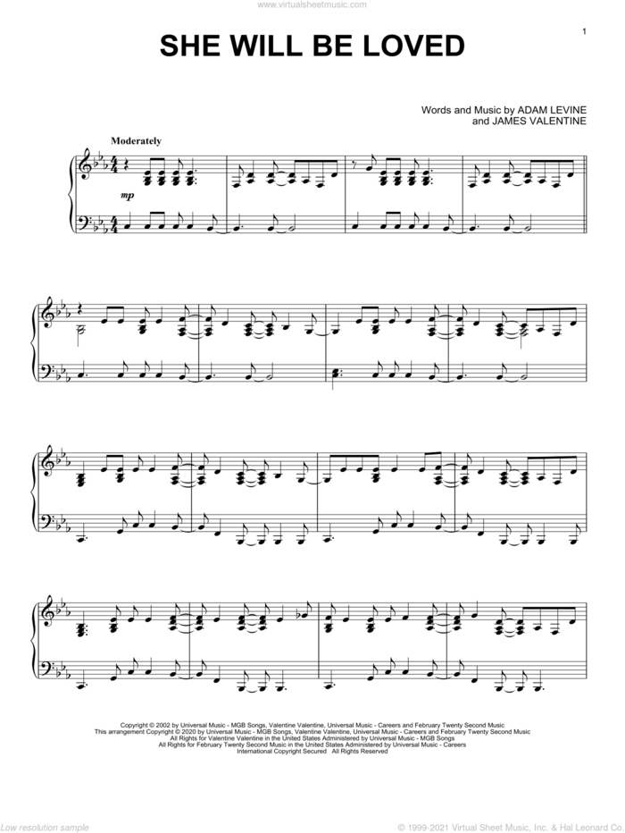 She Will Be Loved, (intermediate) sheet music for piano solo by Maroon 5, Adam Levine and James Valentine, intermediate skill level