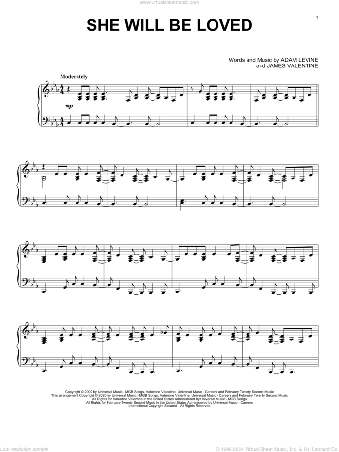 She Will Be Loved, (intermediate) sheet music for piano solo by Maroon 5, Adam Levine and James Valentine, intermediate skill level