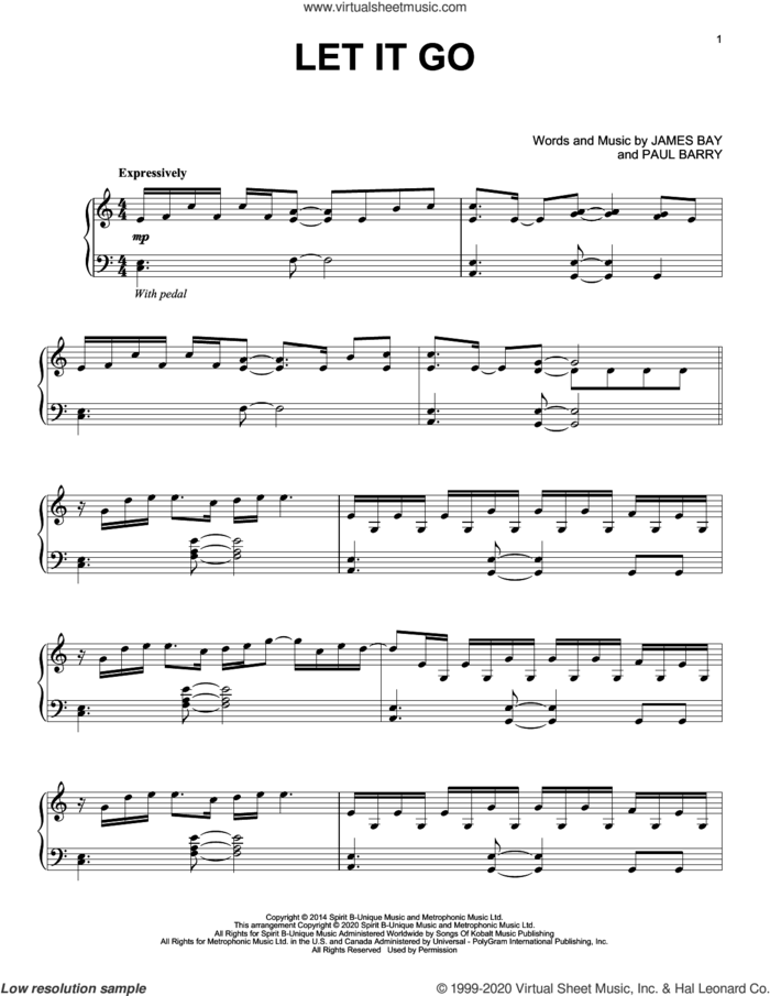 Let It Go, (intermediate) sheet music for piano solo by James Bay and Paul Barry, intermediate skill level