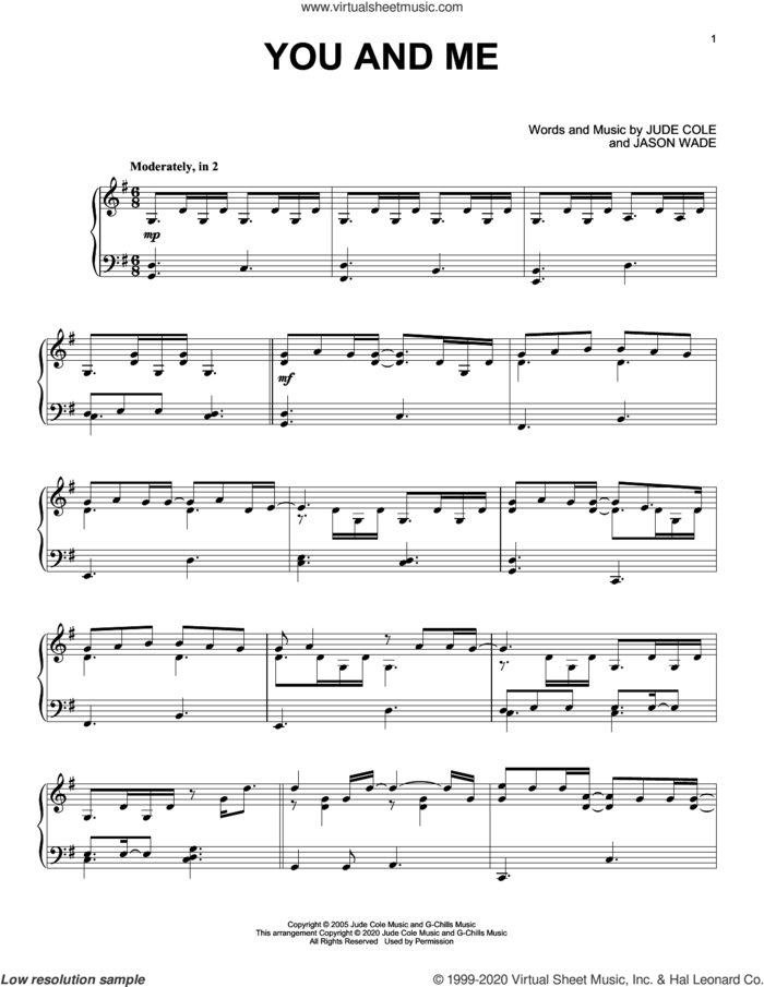 You And Me, (intermediate) sheet music for piano solo by Lifehouse, Jason Wade and Jude Cole, wedding score, intermediate skill level
