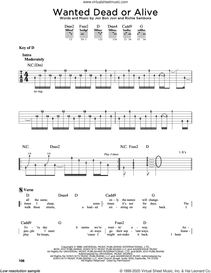 Wanted Dead Or Alive sheet music for guitar solo (lead sheet) by Bon Jovi and Richie Sambora, intermediate guitar (lead sheet)