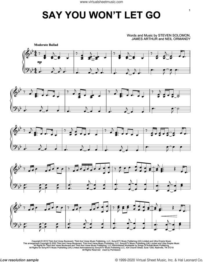 Say You Won't Let Go sheet music for piano solo by James Arthur, Neil Ormandy and Steve Solomon, intermediate skill level