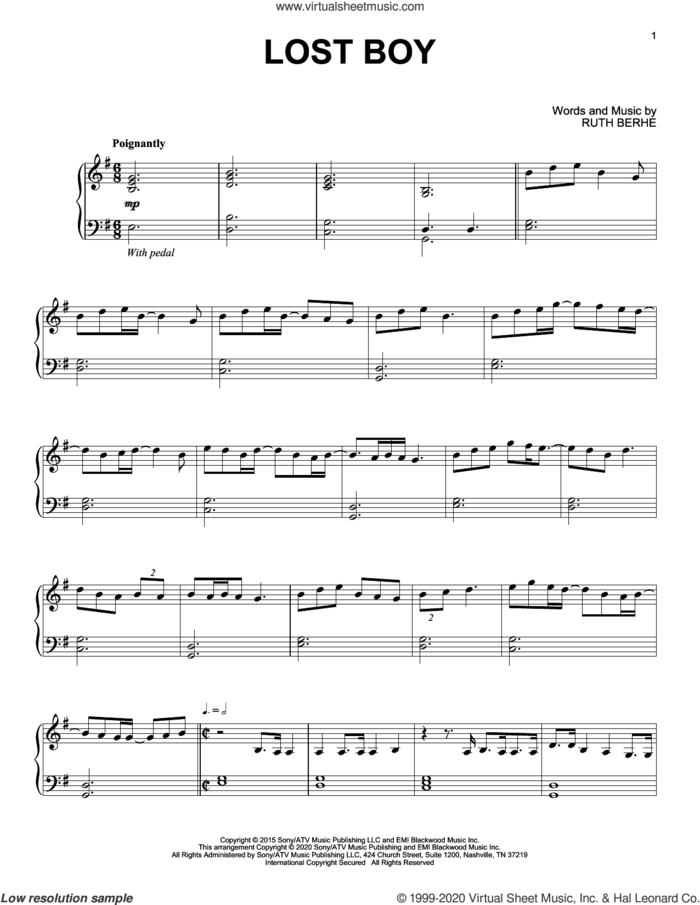 Lost Boy, (intermediate) sheet music for piano solo by Ruth B and Ruth Berhe, intermediate skill level