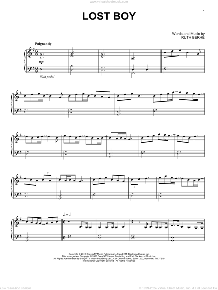 Lost Boy, (intermediate) sheet music for piano solo by Ruth B and Ruth Berhe, intermediate skill level