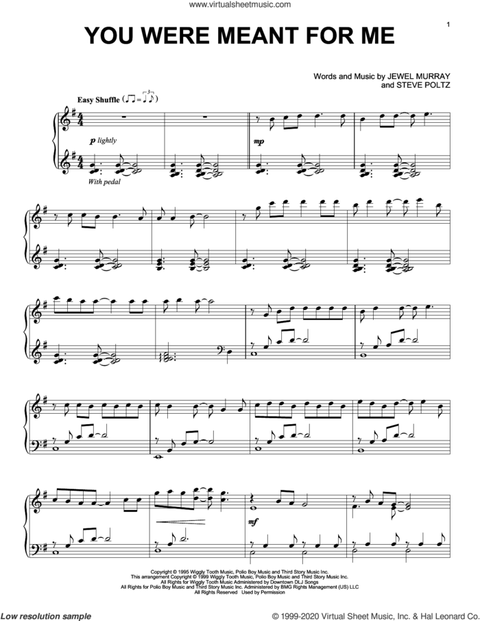 You Were Meant For Me sheet music for piano solo by Jewel, Jewel Murray and Steve Poltz, intermediate skill level