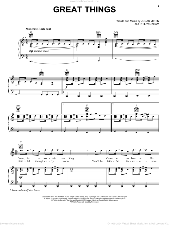 Great Things sheet music for voice, piano or guitar by Phil Wickham and Jonas Myrin, intermediate skill level