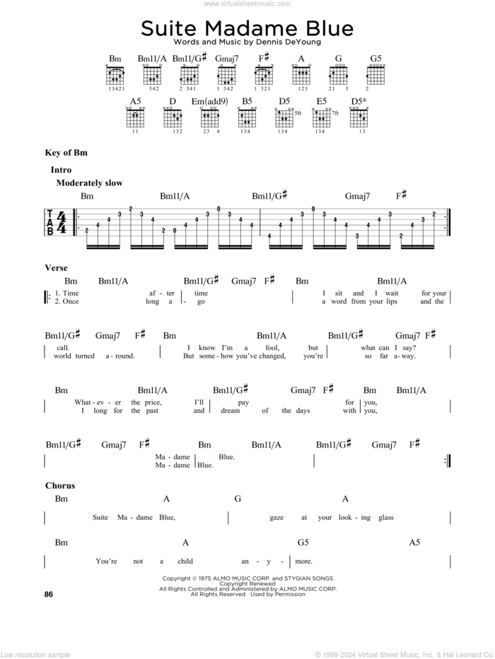 Suite Madame Blue sheet music for guitar solo (lead sheet) by Styx and Dennis DeYoung, intermediate guitar (lead sheet)