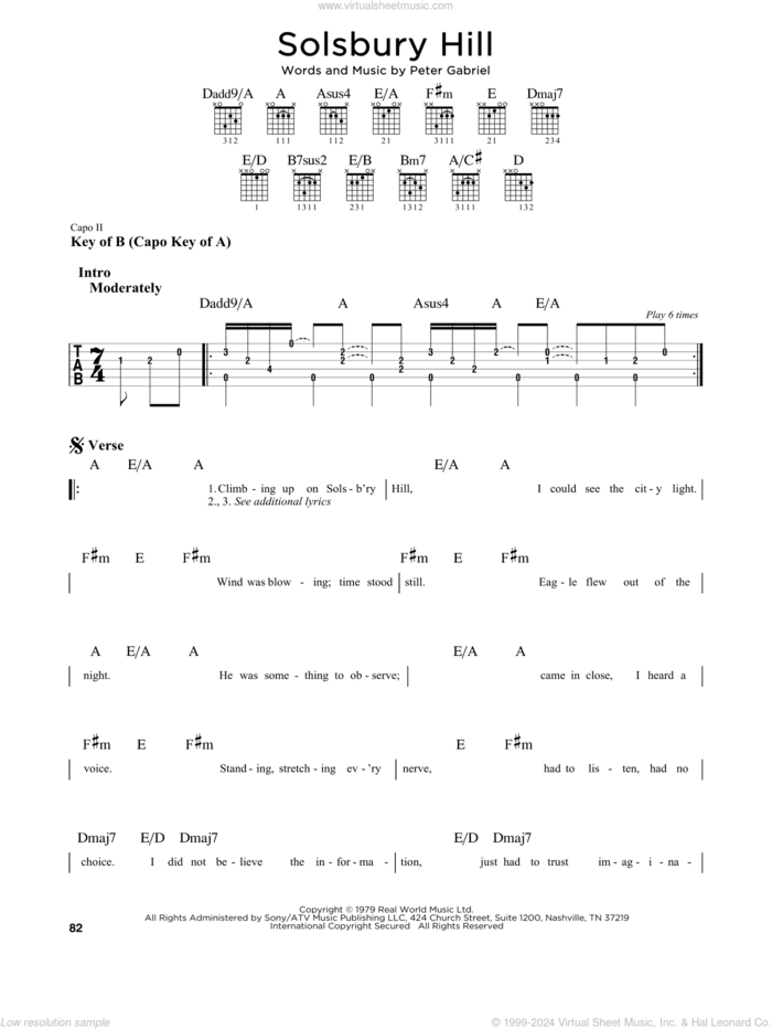 Solsbury Hill sheet music for guitar solo (lead sheet) by Peter Gabriel, intermediate guitar (lead sheet)