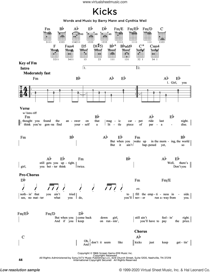 Kicks sheet music for guitar solo (lead sheet) by Paul Revere & The Raiders, Barry Mann and Cynthia Weil, intermediate guitar (lead sheet)