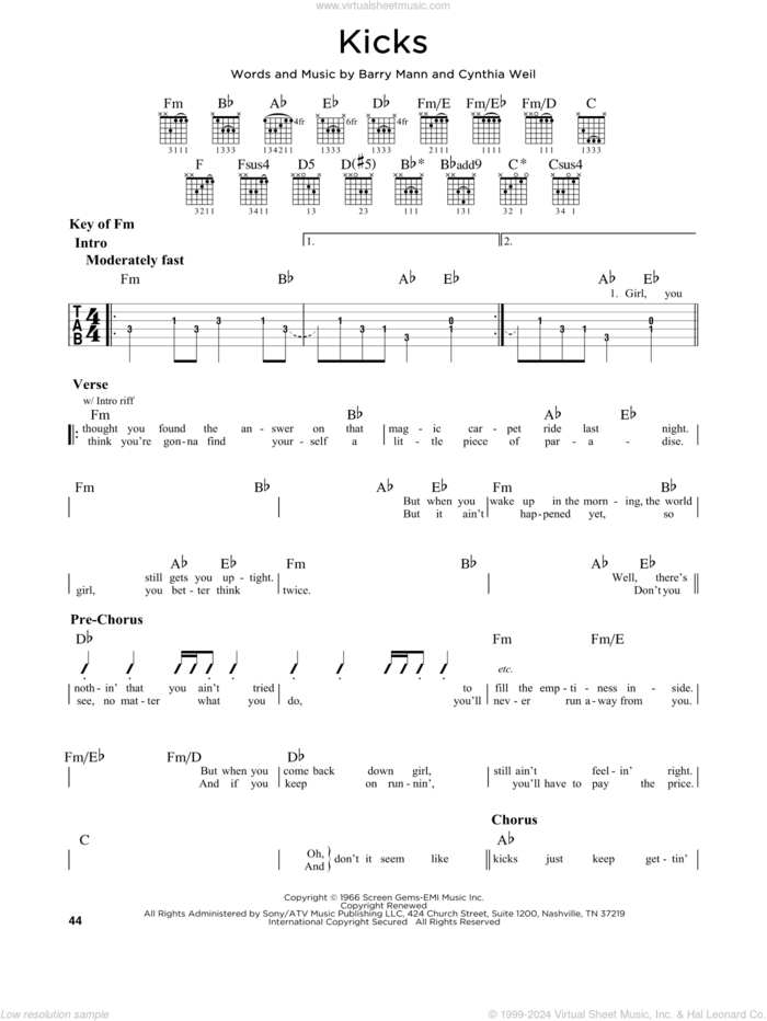 Kicks sheet music for guitar solo (lead sheet) by Paul Revere & The Raiders, Barry Mann and Cynthia Weil, intermediate guitar (lead sheet)