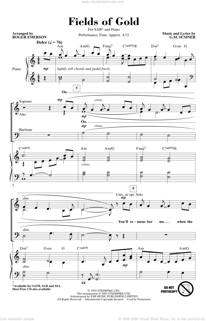 Fields Of Gold (arr. Roger Emerson) sheet music for choir (SAB: soprano, alto, bass) by Eva Cassidy, Roger Emerson, Sting and G. M. Sumner, intermediate skill level