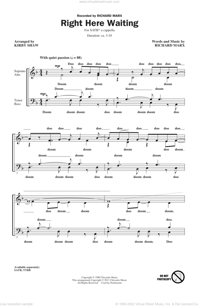 Right Here Waiting (arr. Kirby Shaw) sheet music for choir (SATB: soprano, alto, tenor, bass) by Richard Marx and Kirby Shaw, intermediate skill level
