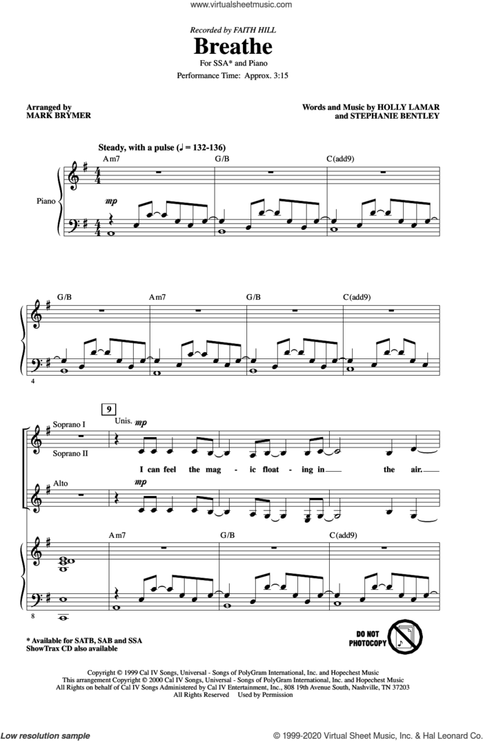 Breathe (arr. Mark Brymer) sheet music for choir (SSA: soprano, alto) by Faith Hill, Mark Brymer, Holly Lamar and Stephanie Bentley, intermediate skill level