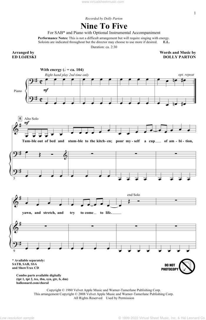 Nine To Five (arr. Ed Lojeski) sheet music for choir (SAB: soprano, alto, bass) by Dolly Parton and Ed Lojeski, intermediate skill level