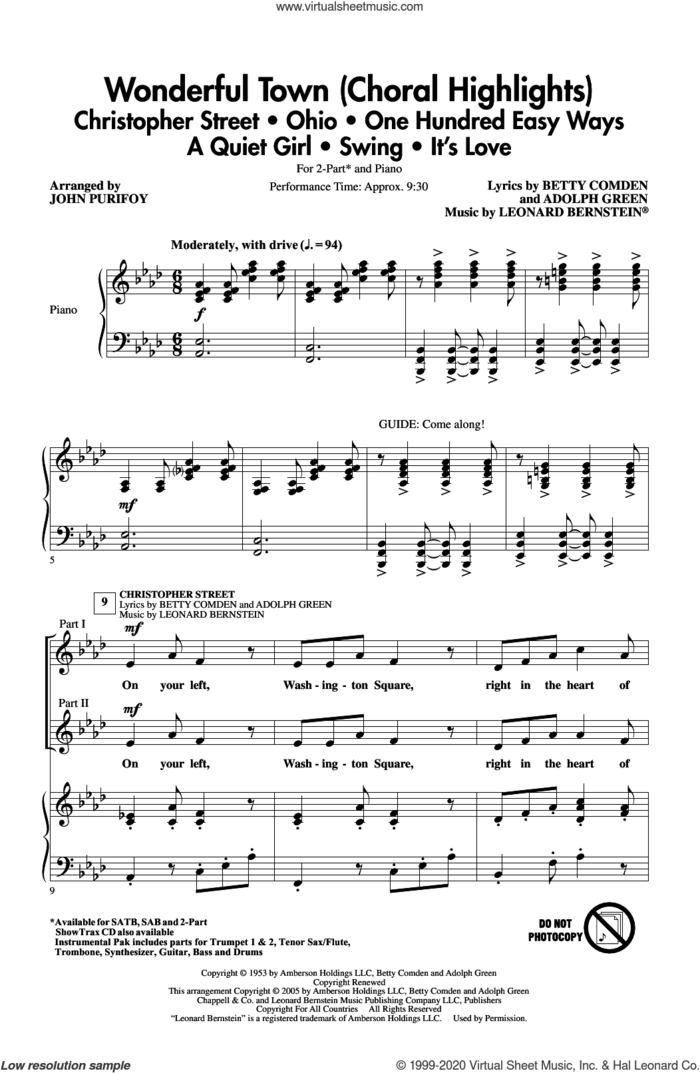 Wonderful Town (Choral Highlights) (arr. John Purifoy) sheet music for choir (2-Part) by Leonard Bernstein, John Purifoy, Adolph Green, Betty Comden and Betty Comden, Adolph Green and Leonard Bernstein, intermediate duet