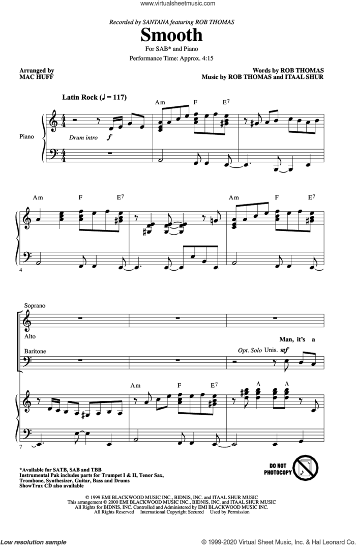 Smooth (arr. Mac Huff) sheet music for choir (SAB: soprano, alto, bass) by Rob Thomas, Mac Huff, Carlos Santana and Itaal Shur, intermediate skill level