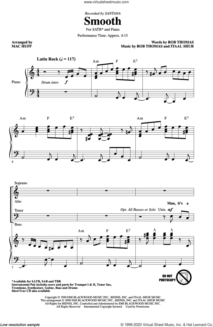 Smooth (arr. Mac Huff) sheet music for choir (SATB: soprano, alto, tenor, bass) by Rob Thomas, Mac Huff, Carlos Santana and Itaal Shur, intermediate skill level