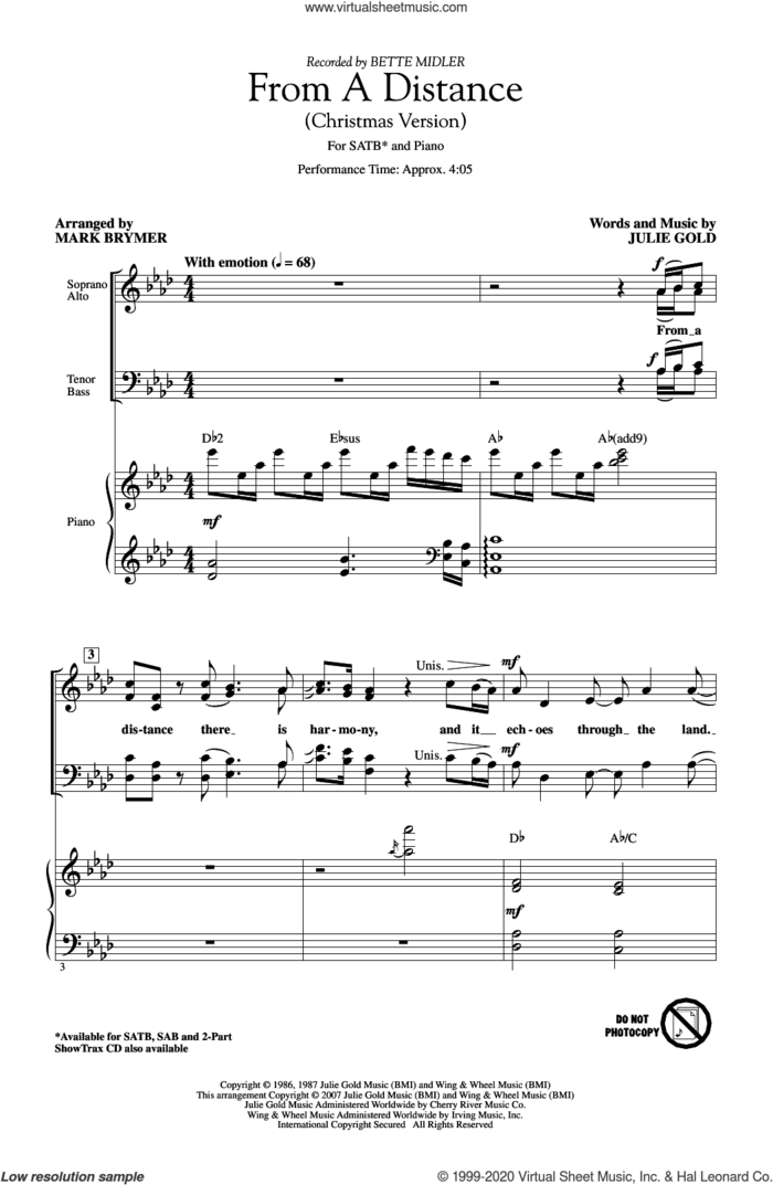 From A Distance (Christmas Version) (arr. Mark Brymer) sheet music for choir (SATB: soprano, alto, tenor, bass) by Bette Midler, Mark Brymer and Julie Gold, intermediate skill level