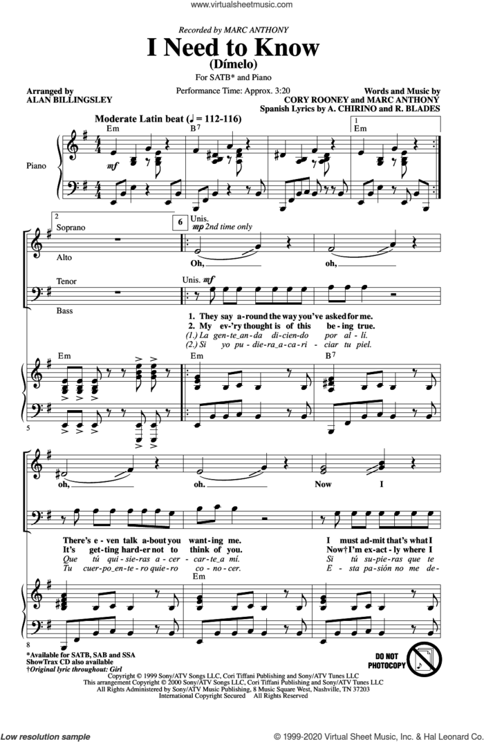I Need To Know (Dimelo) (arr. Alan Billingsley) sheet music for choir (SATB: soprano, alto, tenor, bass) by Marc Anthony, Alan Billingsley, A. Chirino, Cory Rooney and R. Blades, intermediate skill level