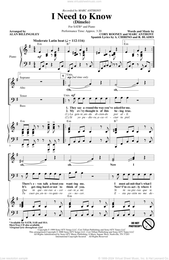 I Need To Know (Dimelo) (arr. Alan Billingsley) sheet music for choir (SATB: soprano, alto, tenor, bass) by Marc Anthony, Alan Billingsley, A. Chirino, Cory Rooney and R. Blades, intermediate skill level