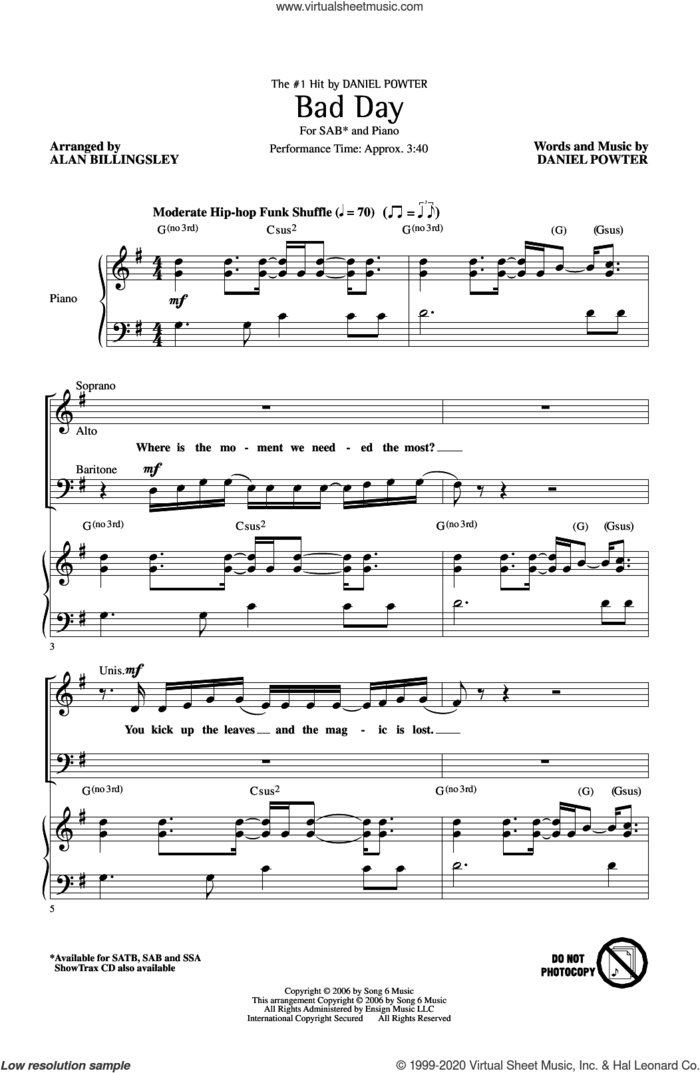 Bad Day (arr. Alan Billingsley) sheet music for choir (SAB: soprano, alto, bass) by Daniel Powter and Alan Billingsley, intermediate skill level