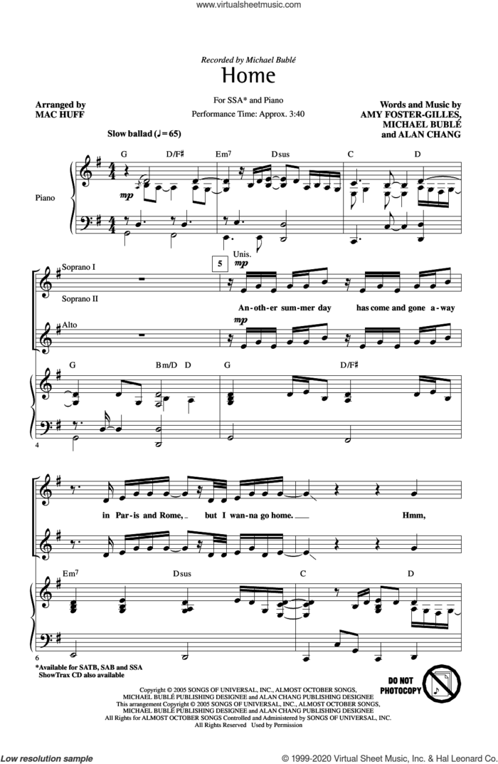 Home (arr. Mac Huff) sheet music for choir (SSA: soprano, alto) by Michael Buble, Mac Huff, Alan Chang and Amy Foster-Gillies, intermediate skill level