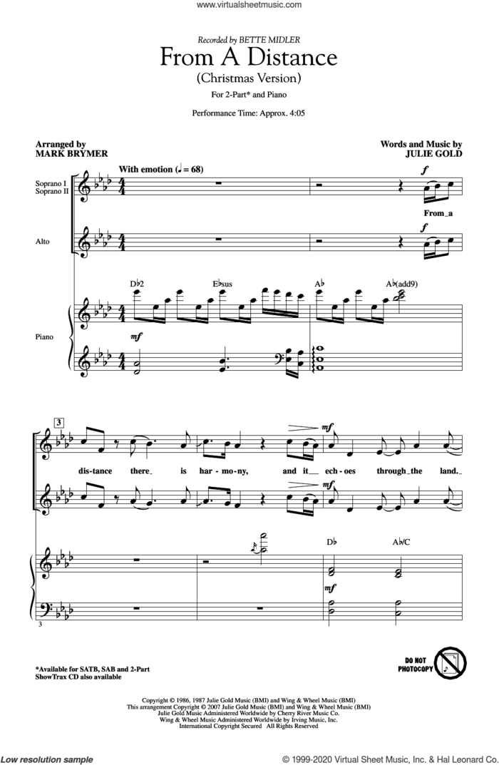 From A Distance (Christmas Version) (arr. Mark Brymer) sheet music for choir (2-Part) by Bette Midler, Mark Brymer and Julie Gold, intermediate duet