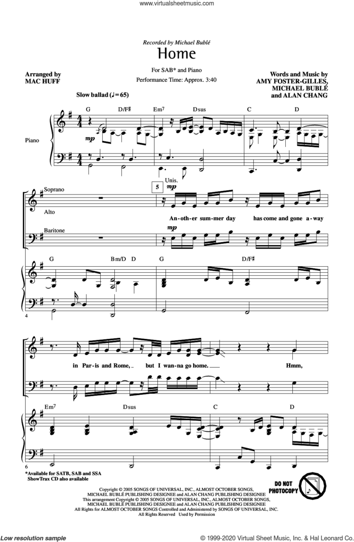 Home (arr. Mac Huff) sheet music for choir (SAB: soprano, alto, bass) by Michael Buble, Mac Huff, Alan Chang and Amy Foster-Gillies, intermediate skill level