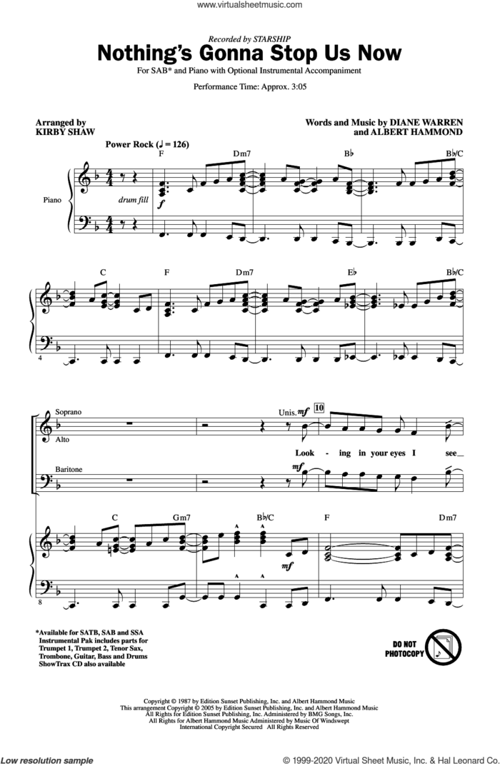 Nothing's Gonna Stop Us Now (arr. Kirby Shaw) sheet music for choir (SAB: soprano, alto, bass) by Starship, Kirby Shaw, Albert Hammond and Diane Warren, intermediate skill level
