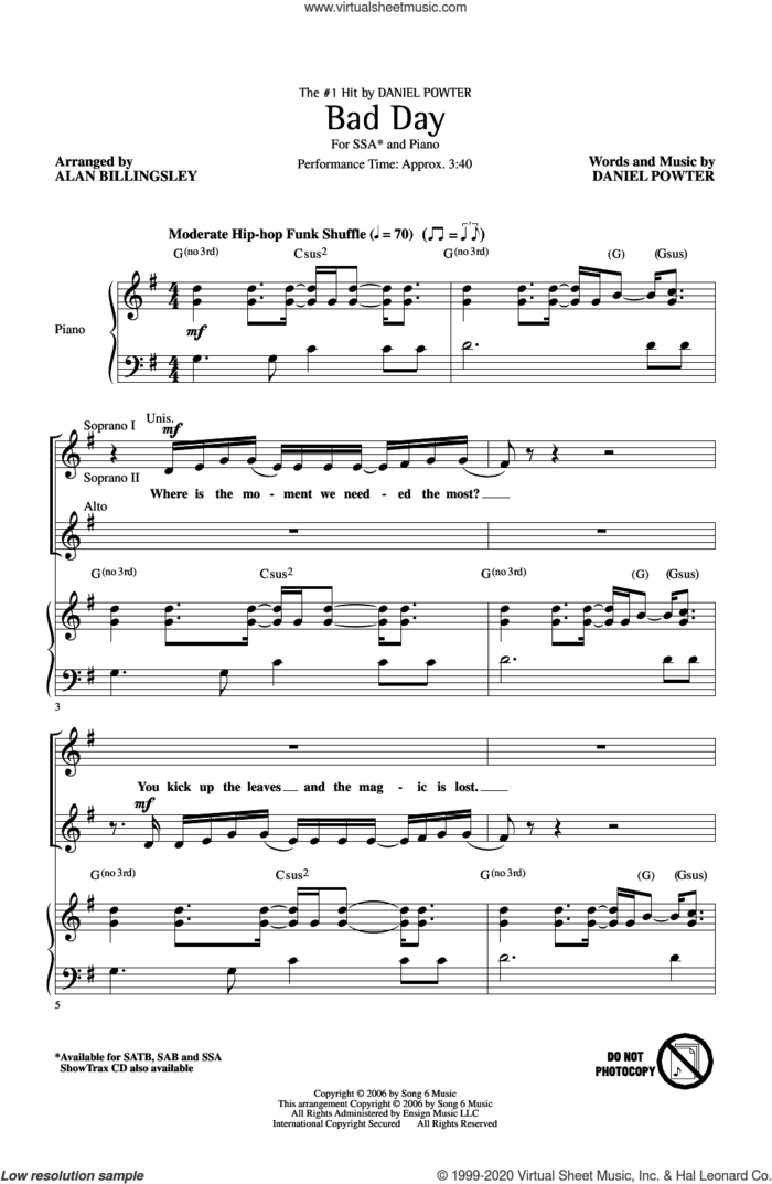 Bad Day (arr. Alan Billingsley) sheet music for choir (SSA: soprano, alto) by Daniel Powter and Alan Billingsley, intermediate skill level