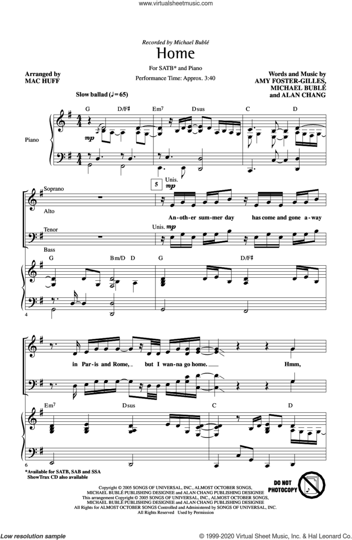 Home (arr. Mac Huff) sheet music for choir (SATB: soprano, alto, tenor, bass) by Michael Buble, Mac Huff, Alan Chang and Amy Foster-Gillies, intermediate skill level