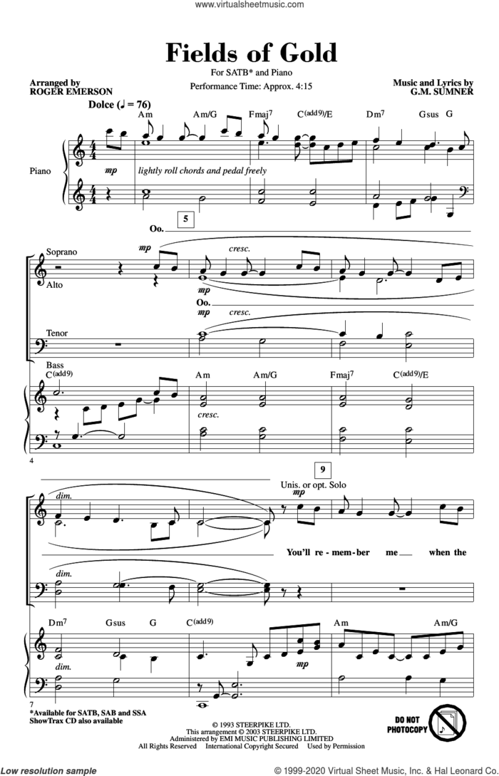 Fields Of Gold (arr. Roger Emerson) sheet music for choir (SATB: soprano, alto, tenor, bass) by Eva Cassidy, Roger Emerson, Sting and G. M. Sumner, intermediate skill level