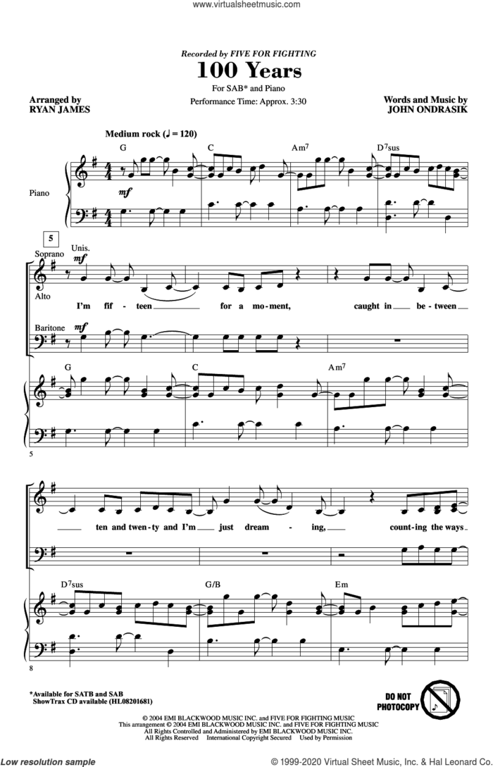 100 Years (arr. Ryan James) sheet music for choir (SAB: soprano, alto, bass) by Five For Fighting, Ryan James and John Ondrasik, intermediate skill level